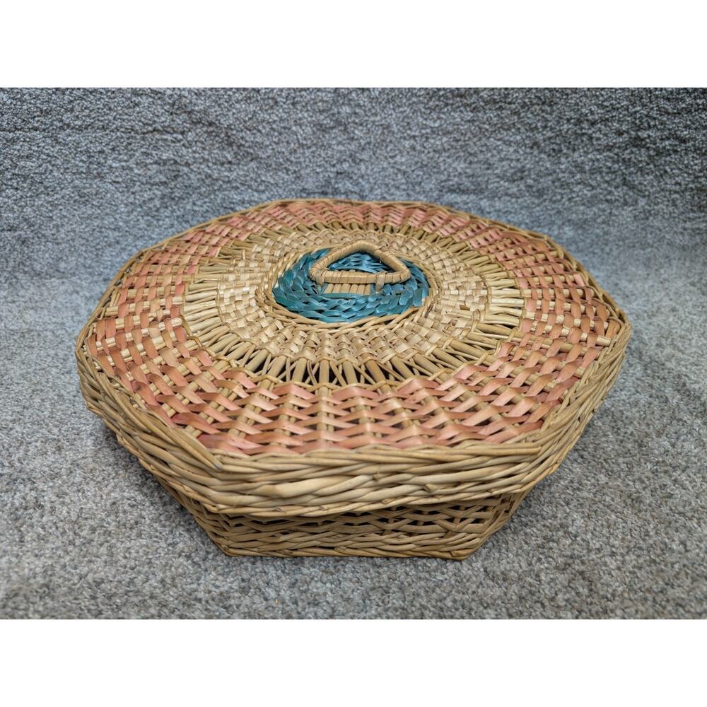 Vintage Hickory Farms Lidded Wicker Basket Octagon Cottagecore Rustic Boho